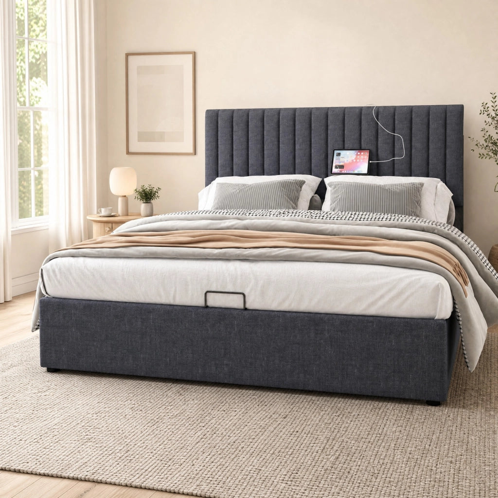 LETTO CONTENITORE 140x200 cm Grigio in Lino con testiera LED e porte USB