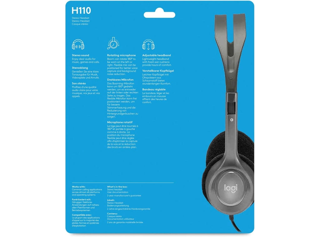 Cuffie Cablate Stereo Logitech H110 con Microfono a Cancellazione del Rumore Doppio Jack 3.5mm Archetto Regolabile per PC Desktop Smart Working e DAD Grigio