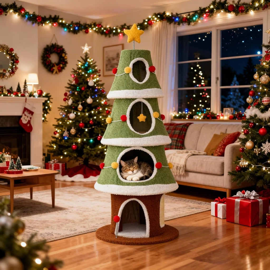 Albero di Natale per Gatti 154 cm, Tiragraffi per Gatti a 4 Livelli con Cuccia Grotta in Peluche con Palline, Piattaforma e Palla, Torre per Gatto con Rifugio, Forma di Albero di Natale