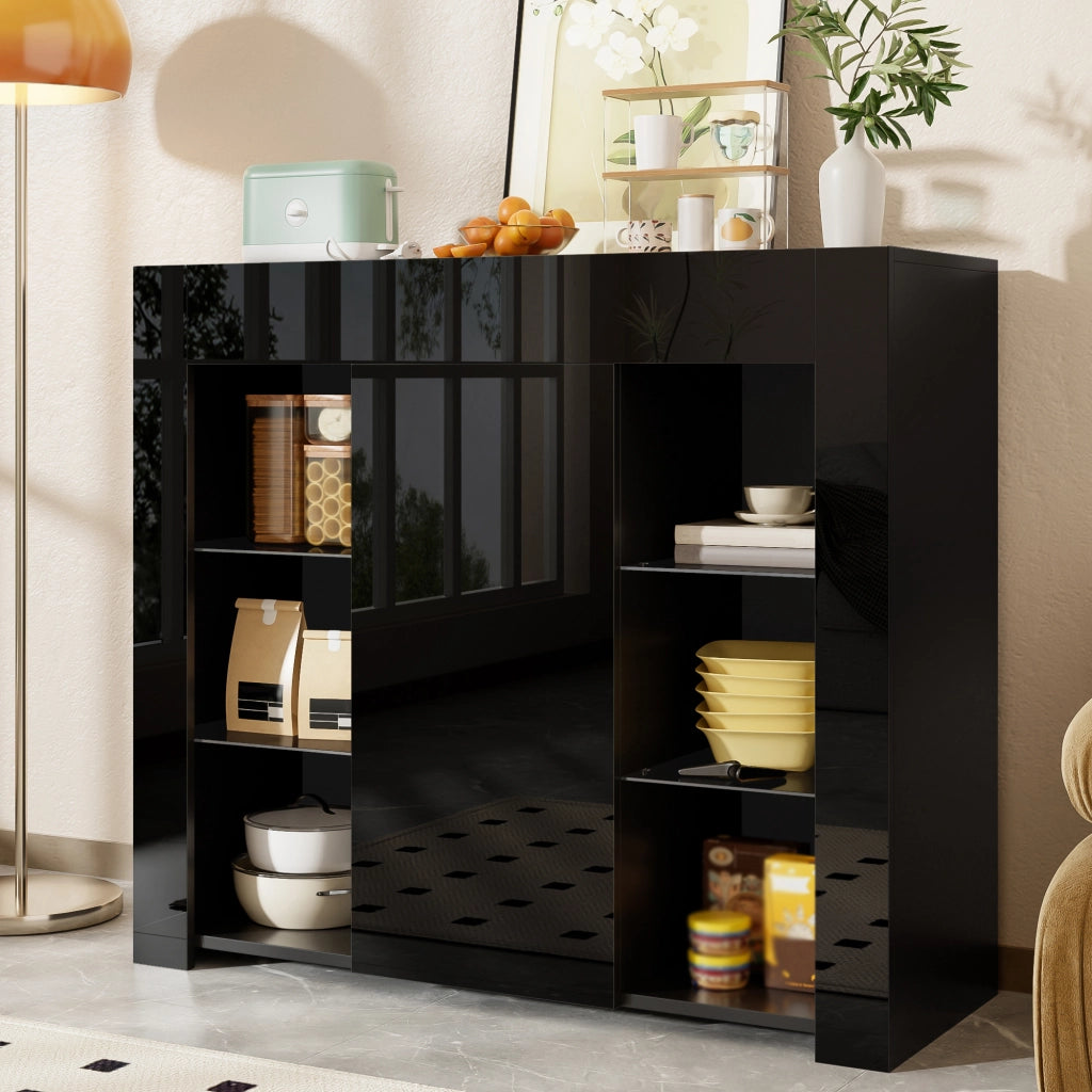 Credenza Nera Moderna con Frontale Lucido e Ripiani in Vetro 95x35x83 cm