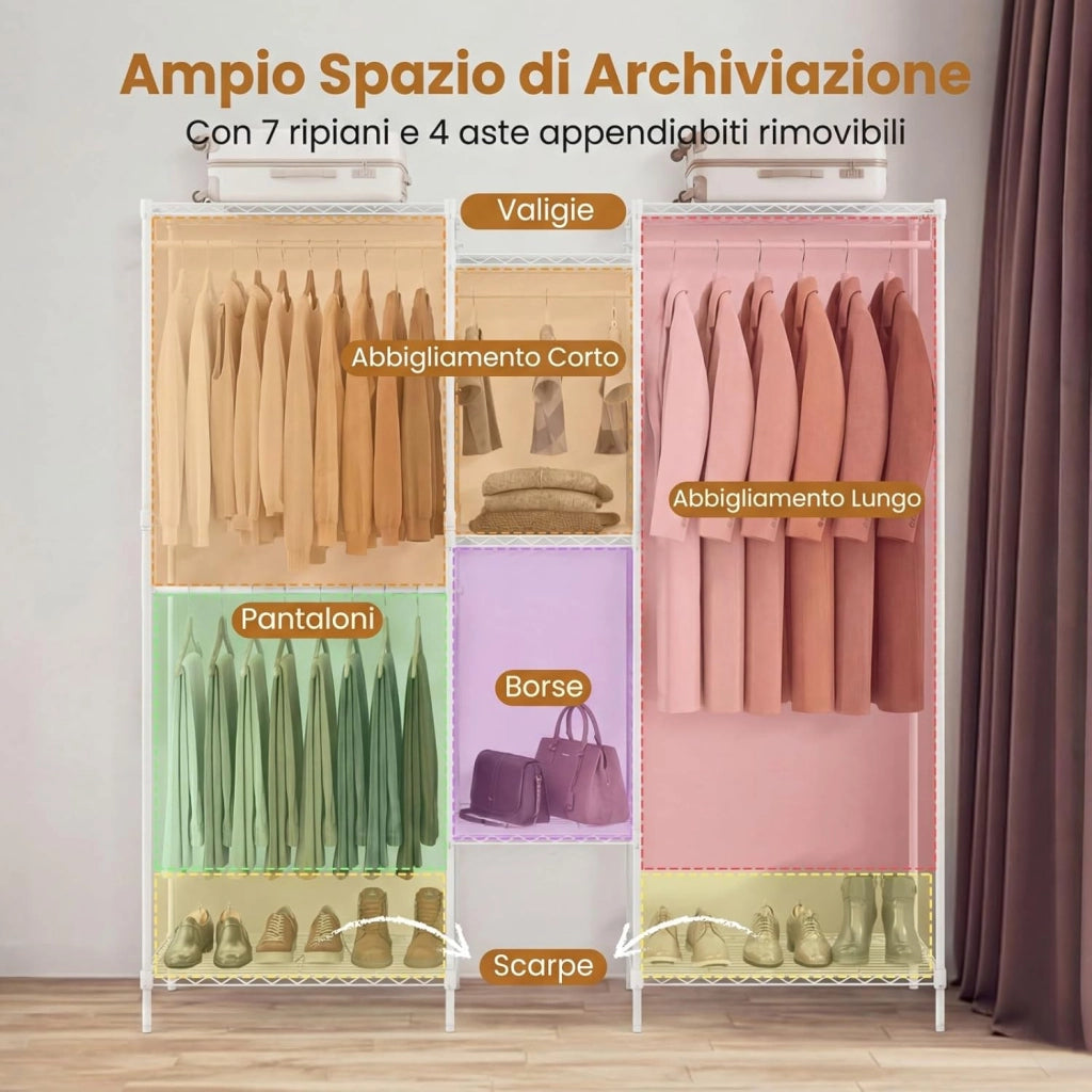 Stand Appendiabiti, Mobile Convertibile per Abiti con Installazione a L e Orizzontale, Appendiabiti con 7 Ripiani Regolabili in Filo Metallico e 4 Bastoni Appendiabiti, Portata 530 kg (Bianco)