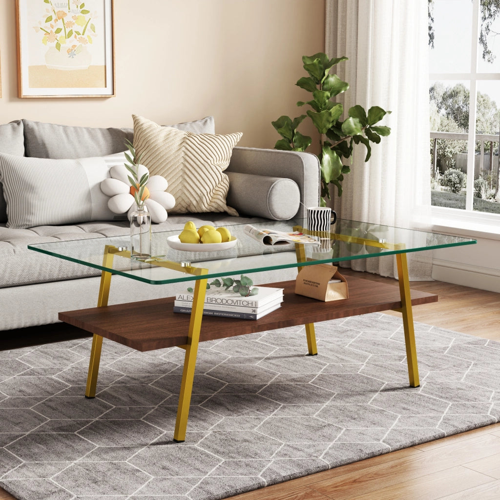 TAVOLINO da caffè rettangolare 98x58x42,5 cm in vetro temperato, MDF e oro