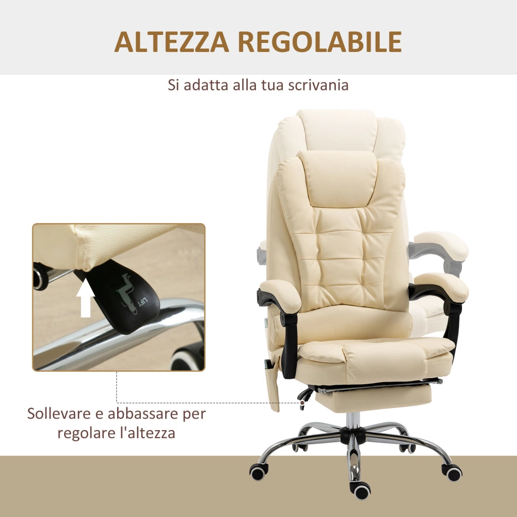 EasyComfort Poltrona Massaggiante Ergonomica ad Altezza Regolabile con 6 Punti Vibranti, 65x160x104 cm, Crema