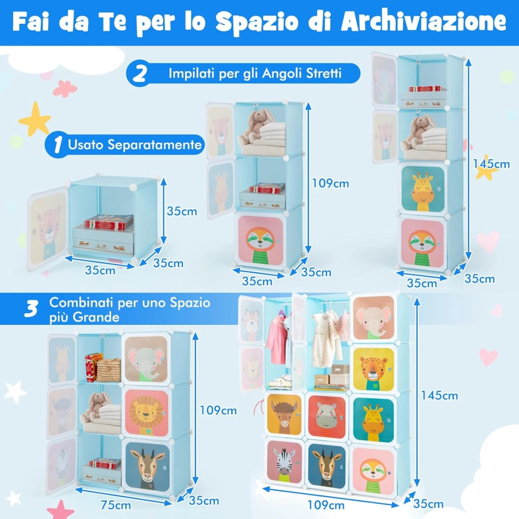 Guardaroba Portatile per Bambini, Armadio Portatile con 12 Cubi, Organizzatore Modulari per Camera dei Bambini Soggiorno, 109 x 35 x 145 cm (Blu)