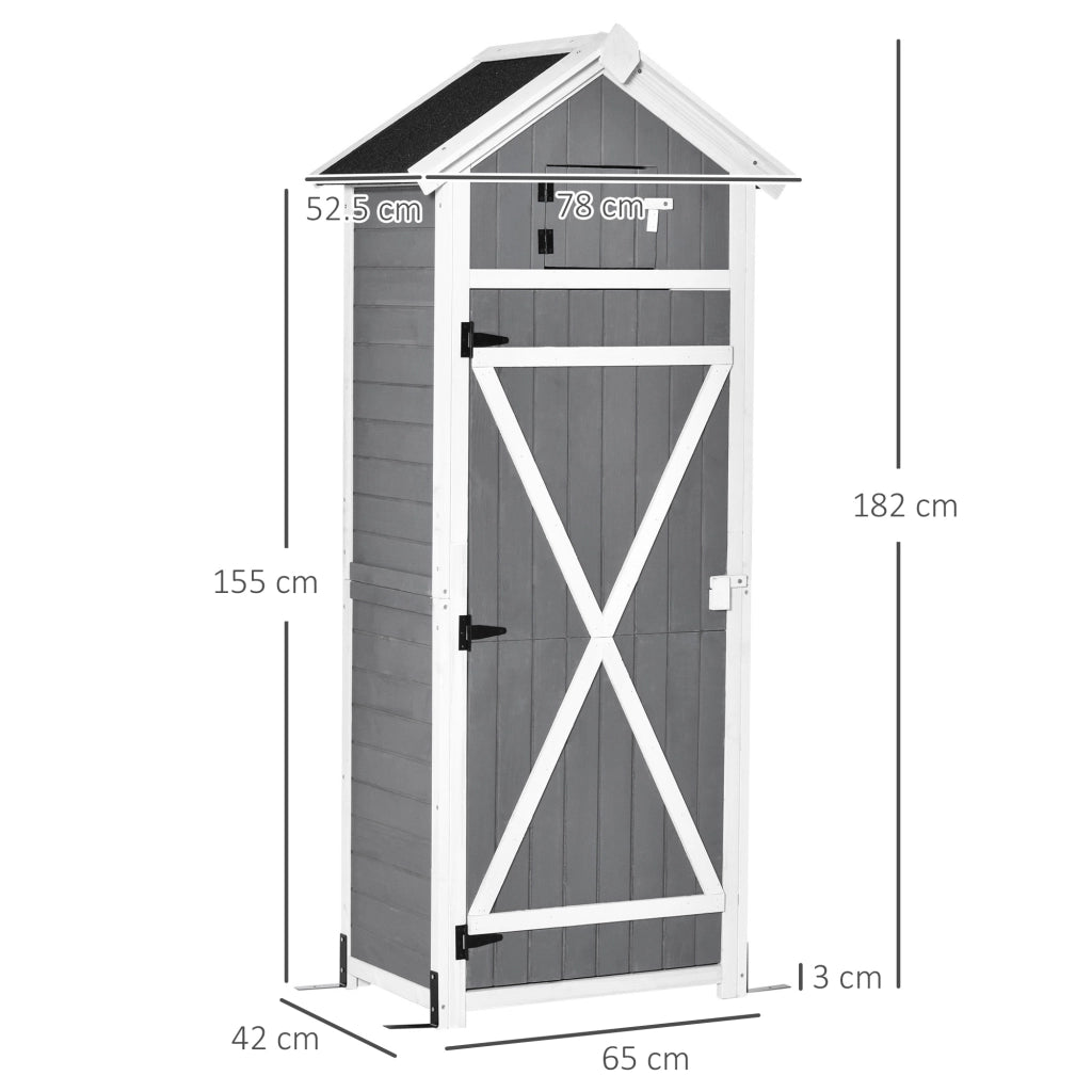 Armadio da giardino in legno con porta, tetto inclinato, ripiano interno e tavolino pieghevole, grigio scuro 78 × 52,5 × 182 cm
