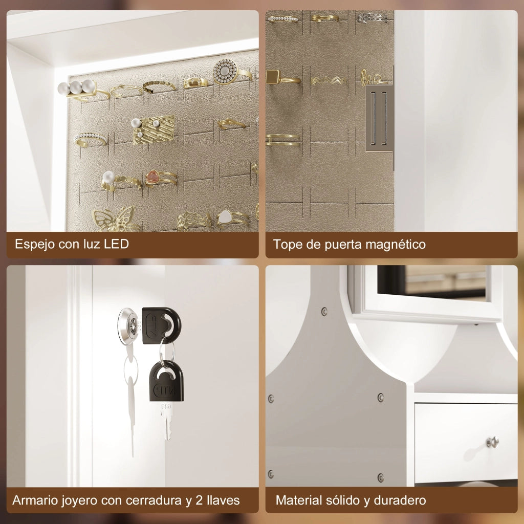 Armadio per gioielli con specchio a LED e cassetti ¨C Zephmum ¨C Bianco