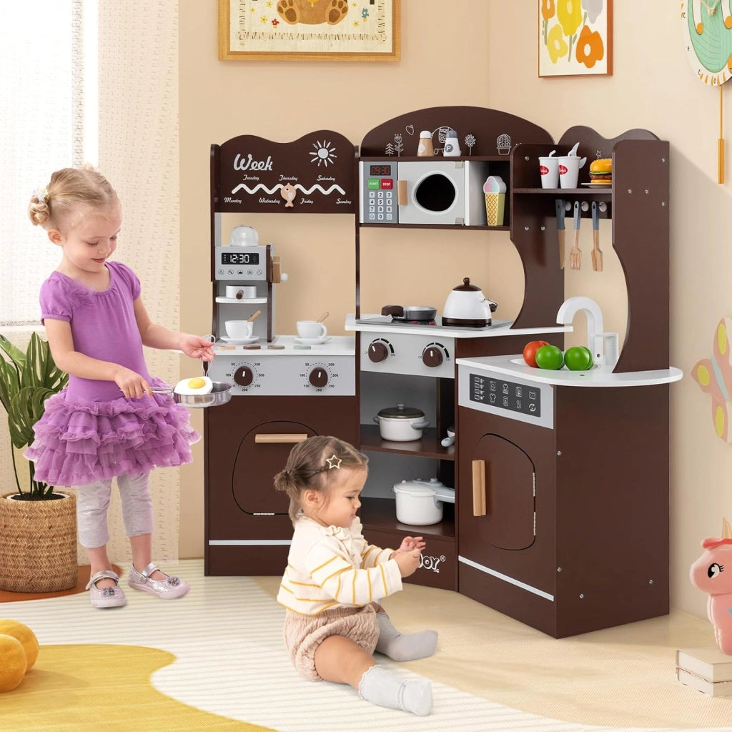 Cucina Giocattolo Angolare con Fornelli e Micronde da Suoni e Luci, Cucina per Bambini in Legno con Macchina Caffè, Lavandelo, Forno e Lavatrice, Set Cucina con Accessori (Marrone)