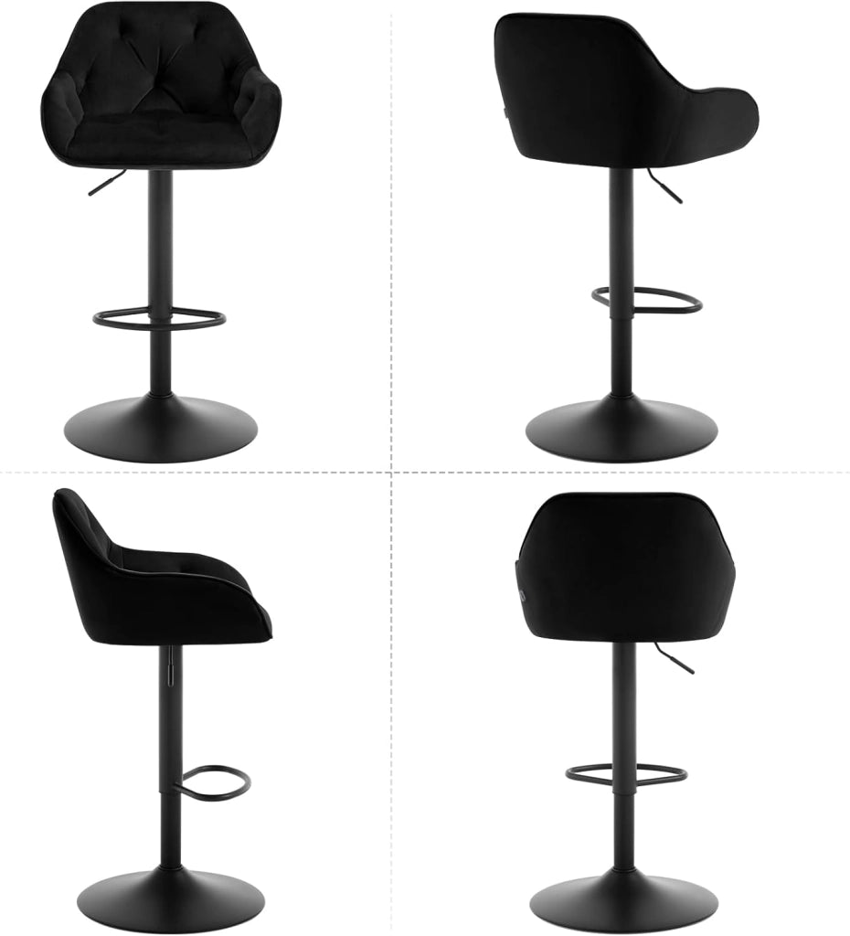 Sgabello da Bar da 2 Pezzi, Sgabello Alto con Schienale e Braccioli, Sgabello Regolabile in Altezza, con Poggiapiedi, per Cucina, Bistrot, Pub, in Velluto e Metallo, Nero, BH405sz-2