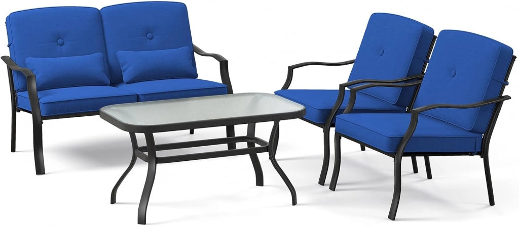 Soggiorno da giardino esterno per 4 persone, mobili da giardino con 1 divano a 2 posti, 2 poltrone, tavolino in vetro temperato, cuscini, tavolo e sedia esterna per terrazza, patio (blu)