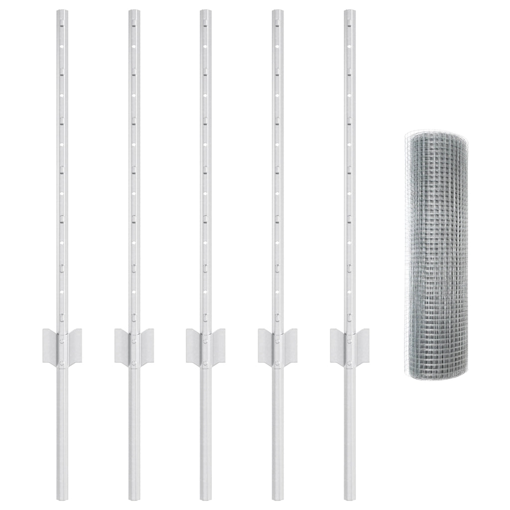 Recinzione in filo saldato con 5 pali U argento 0.6x10 m acciaio