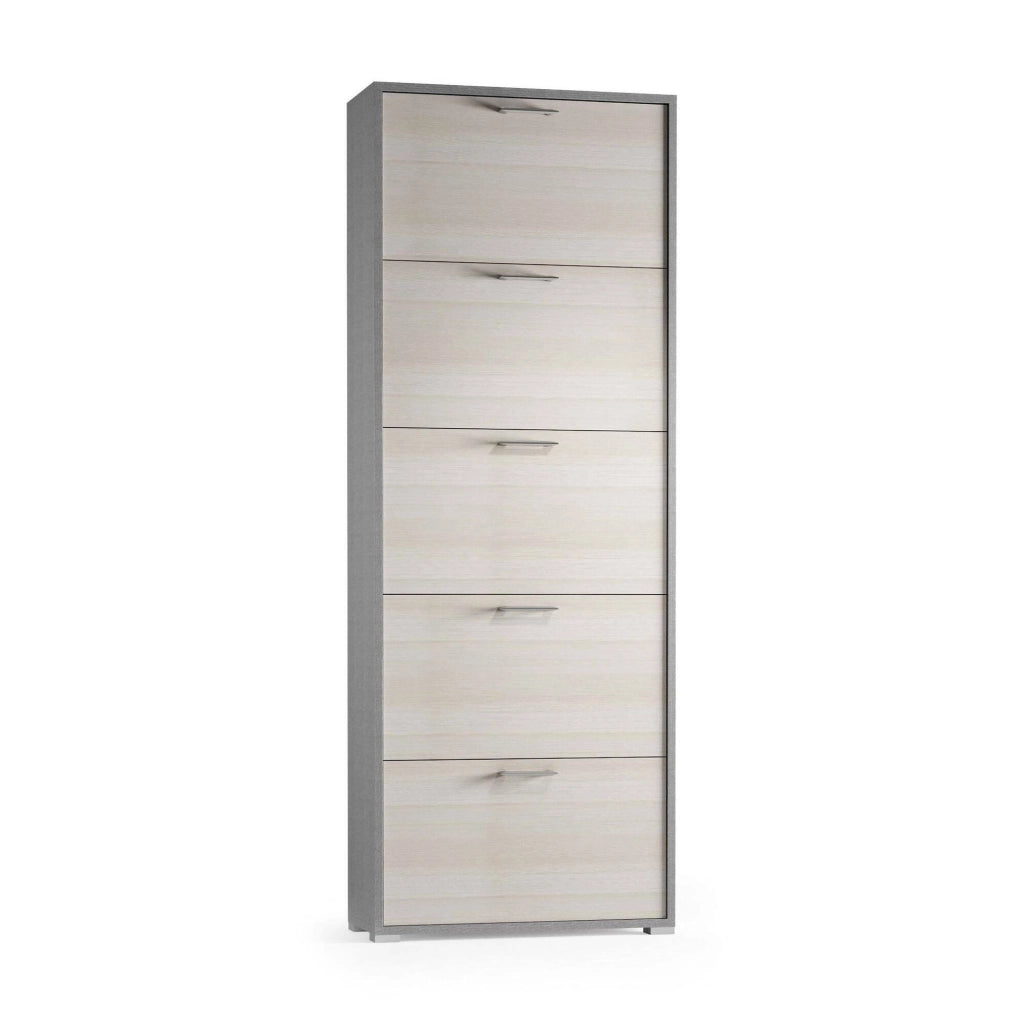 Scarpiera Amigo, Mobile multiuso da ingresso con 5 ante a ribalta, Armadietto portascarpe moderno, Made in Italy, Cm 67x18h184, Larice