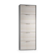 Scarpiera Amigo, Mobile multiuso da ingresso con 5 ante a ribalta, Armadietto portascarpe moderno, Made in Italy, Cm 67x18h184, Larice