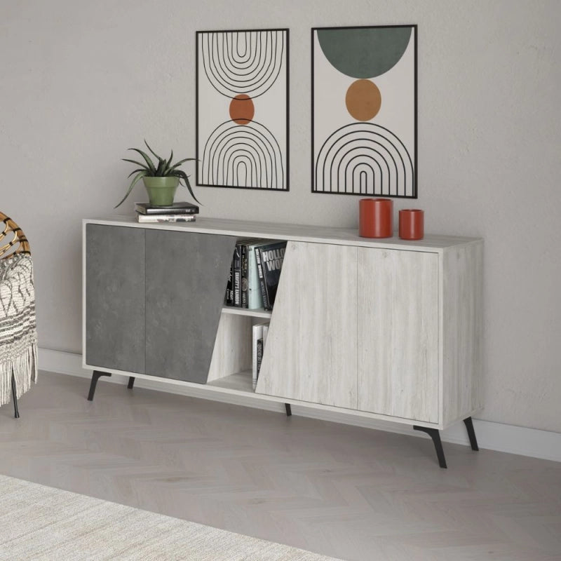 Madia Fiona 180 cm. con 2 ante bianco vintage e due ante retro grey