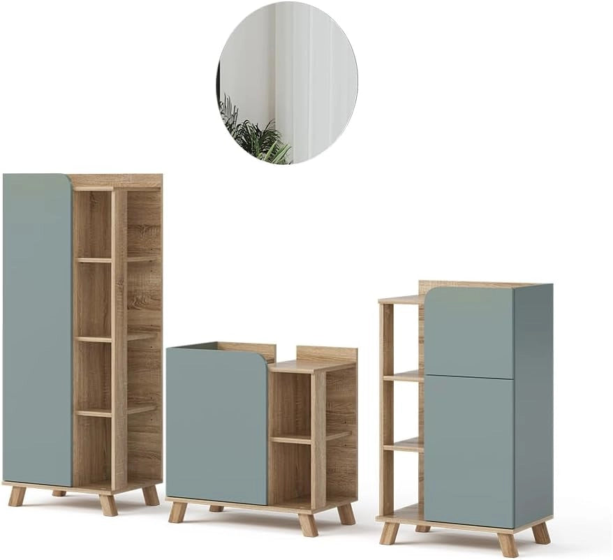 Set di mobili da bagno Karen, Sonoma/blu, 60 cm, composto da mobile lavabo, pensile a specchio, colonna e base media