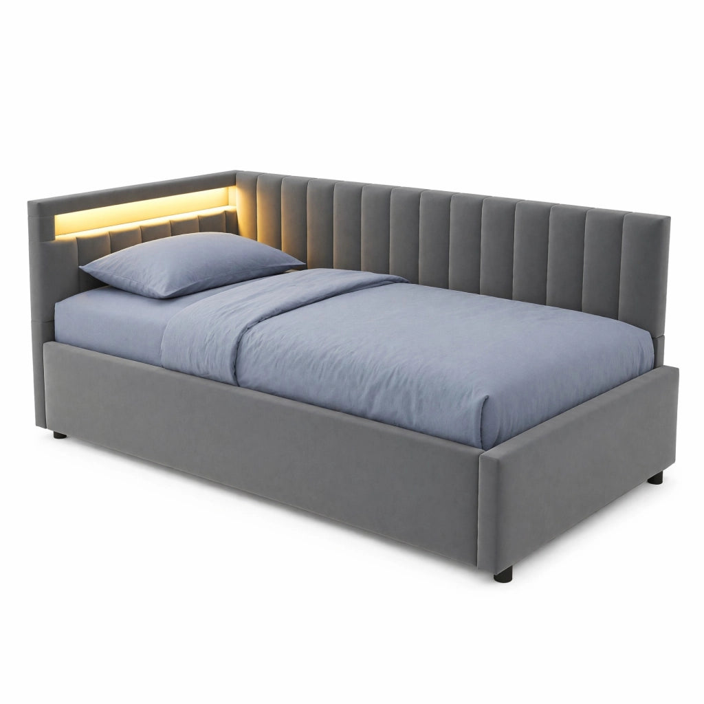 Divano letto imbottito 90x200 cm in velluto grigio con LED e contenitore idraulico