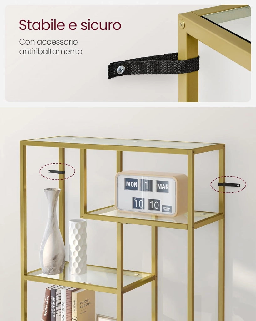 VASAGLE Libreria Scaffale, Libreria Verticale a 6 Ripiani, Porta Piante, 30 x 80 x 180 cm, Vetro Temperato, Studio Soggiorno Camera da Letto Cucina, Oro Metallico LGT502A01