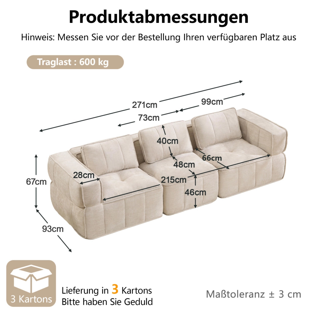 Divano modulare 3 posti 271x93x67 cm in poliestere beige