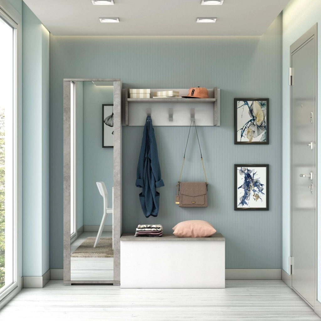 Mobile da ingresso Tanzanite, Entratina moderna con appendiabiti, Mobile con scarpiera, Armadietto con specchio, Cm 50x32h182, Bianco e Cemento