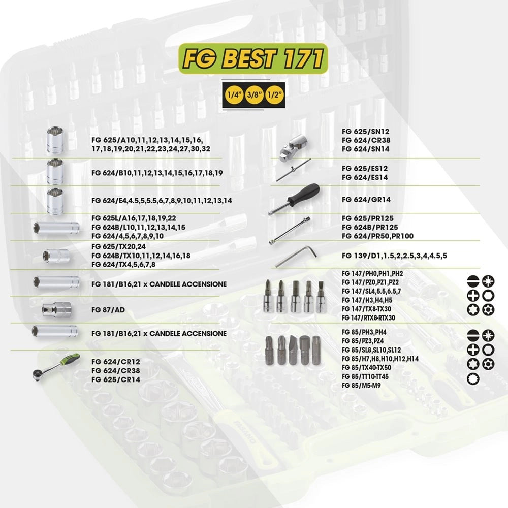 SET VALIGETTA 171 PZ UTENSILI INSERTI CHIAVI A BUSSOLA  1/4"-3/8"-1/2" FASANO FG BEST 171