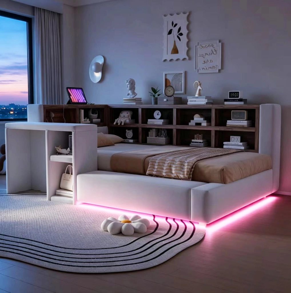 Letto imbottito 90x200 cm con vani portaoggetti; LED; prese integrate e comodino; grigio chiaro