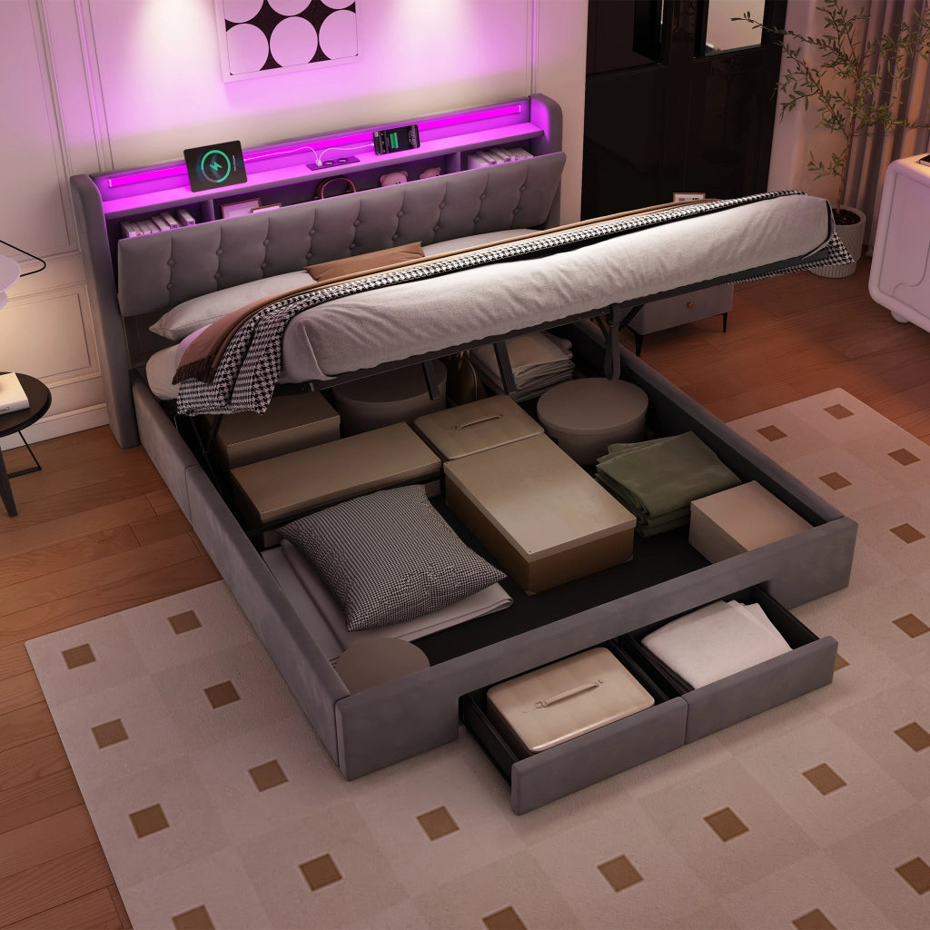 Letto matrimoniale imbottito 180x200 cm grigio scuro in velluto con contenitore, cassetti, LED e porta USB