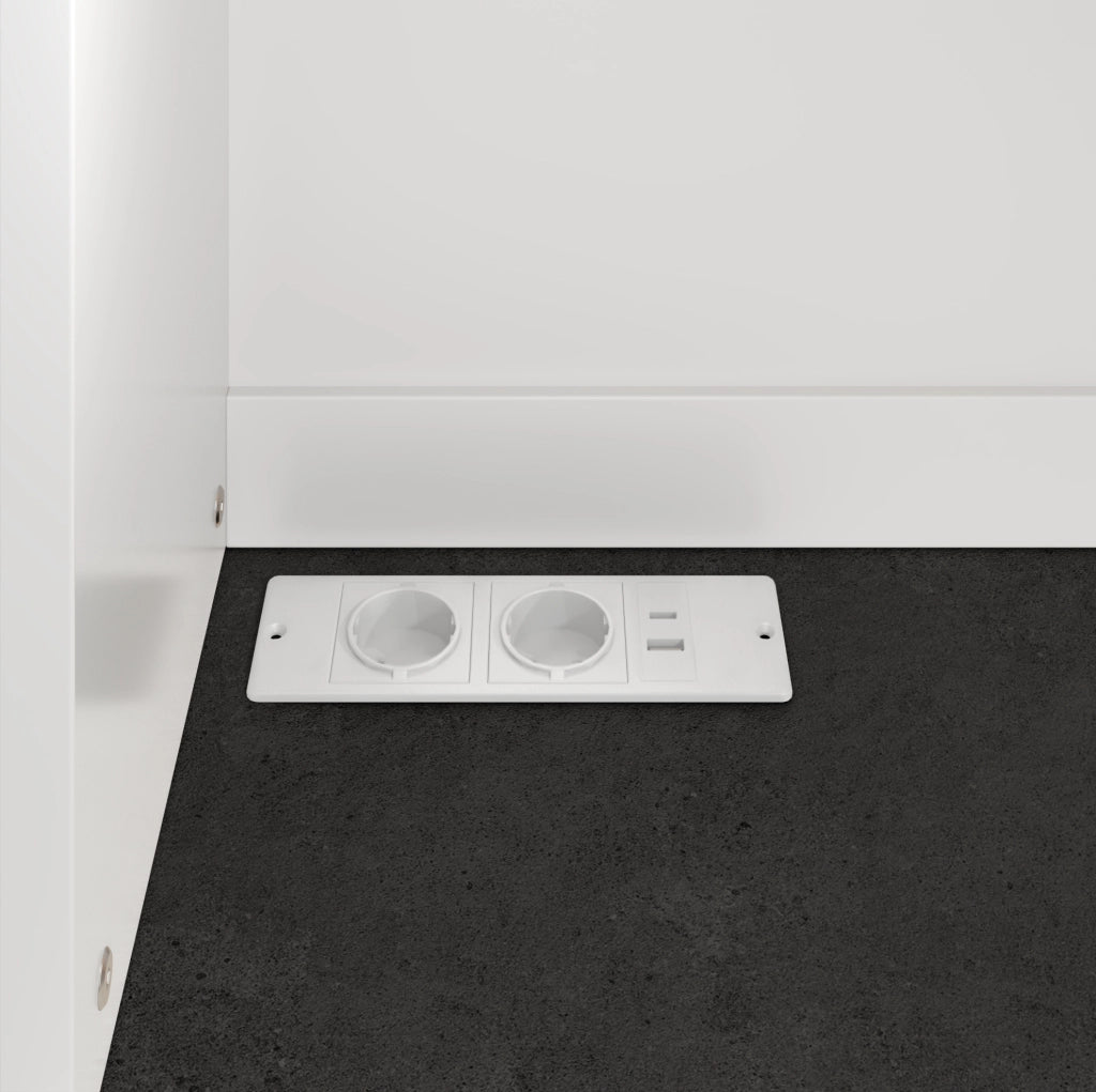 Credenza alta 120x40x180 cm con ampio spazio; prese integrate e LED multicolore; truciolare bianco