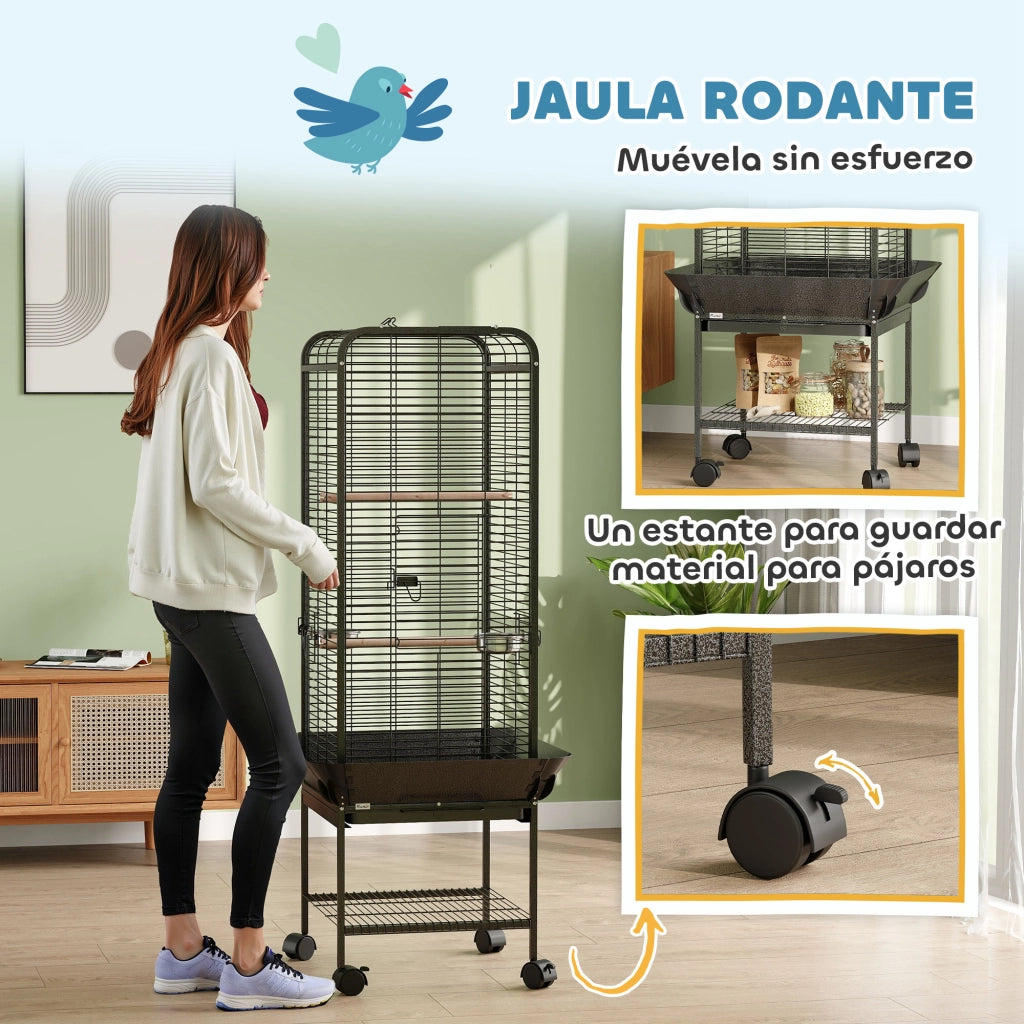 Gabbia per Uccelli con Ruote, Mangiatoie e Ripiano ¨C Zephmum ¨C Grigio Scuro 62.5x62.5x146 cm