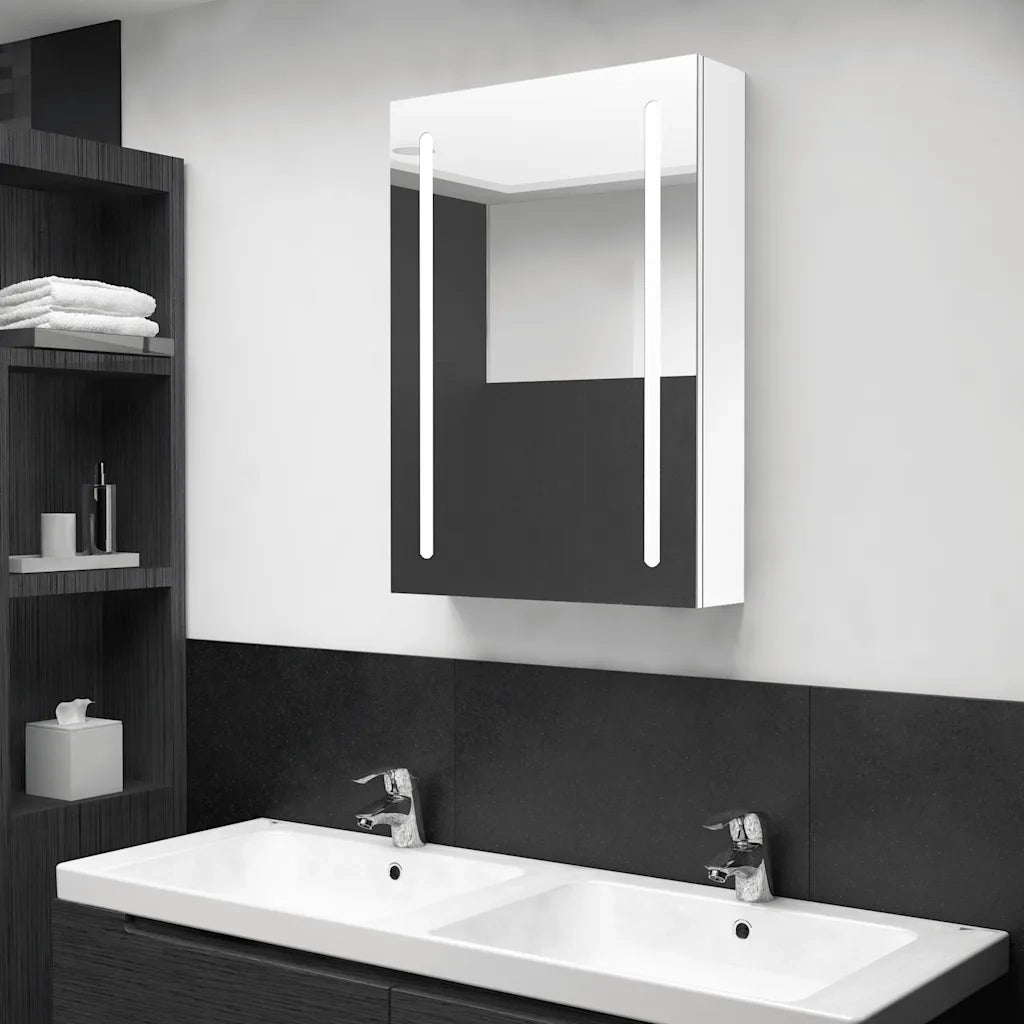 Armadietto Bagno | Armadio da bagno con Specchio e LED Bianco Lucido 50x13x70 cm