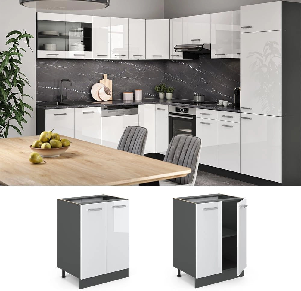 Mobiletto base cucina R-line, Bianco lucido/Antracite, 60 cm senza piano di lavoro