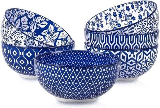 Set di Dessert Keramico Premium 350 ml - Set da 6 - Blu Vintage - Per gelato, snack, riso - Resistente a microonde e lavastoviglie - Piatto da Tavola 10 cm