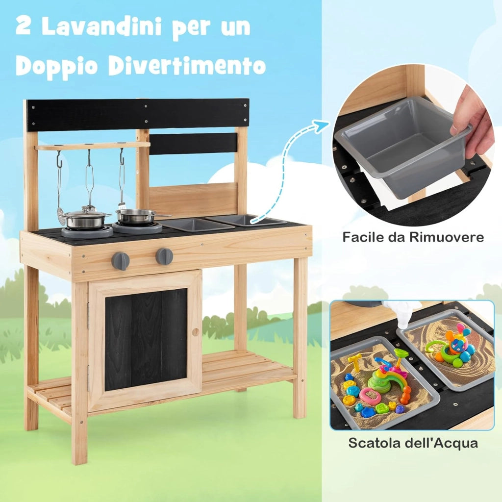 Cucina Giocattolo Bambini, Cucina da Esterno in Legno con 2 Lavandini Removibili, Piano Cottura e Utensili e Spazio di Archiviazione, 67 x 30 x 82 cm