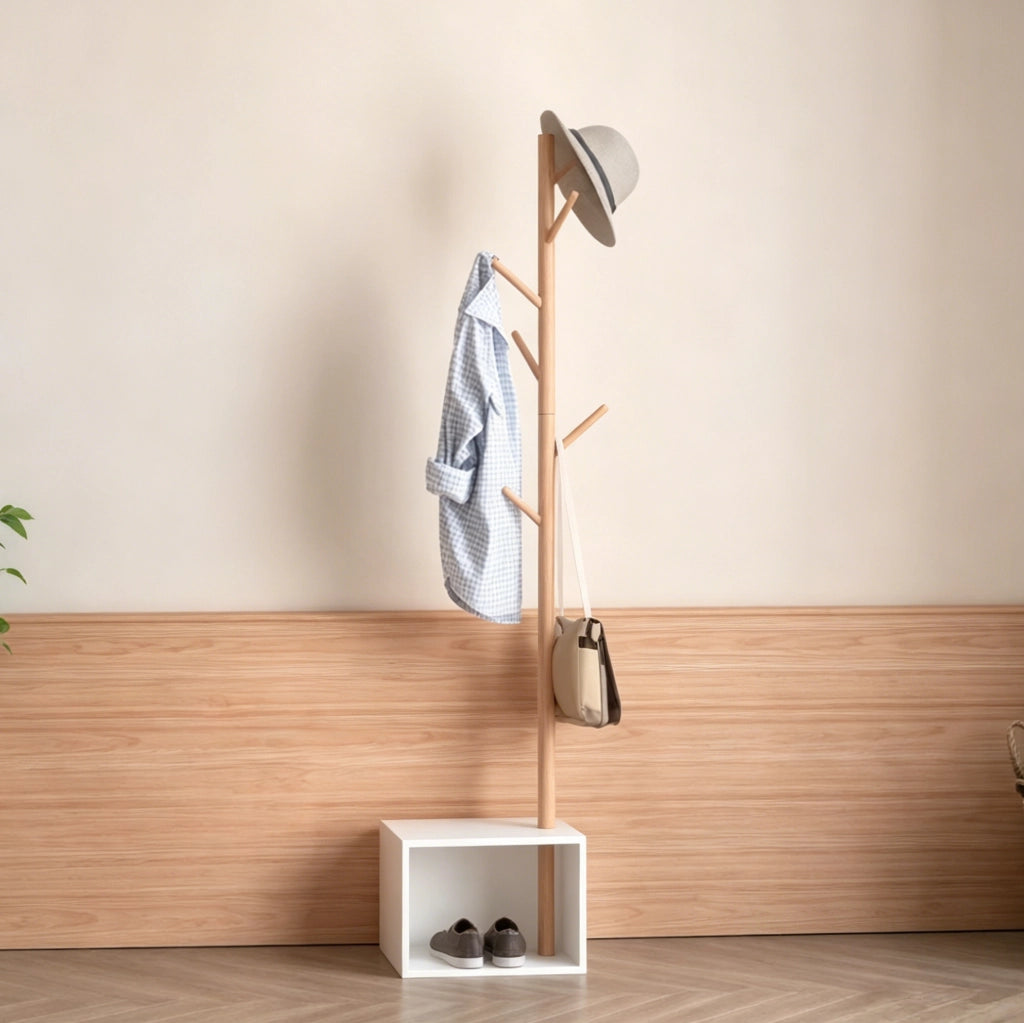 Appendiabiti da ingresso con panca e vano contenitore, bianco e bambù, pratico e ordinato