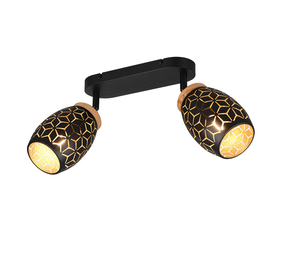 Barra 2 spots, metallo, nero e legno, L 28 cm, Bidar