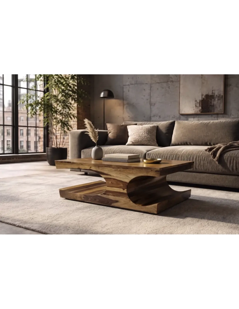 Tavolino basso NOMA 105 cm in legno massello di Sheesham verniciato con nicchie arrotondate