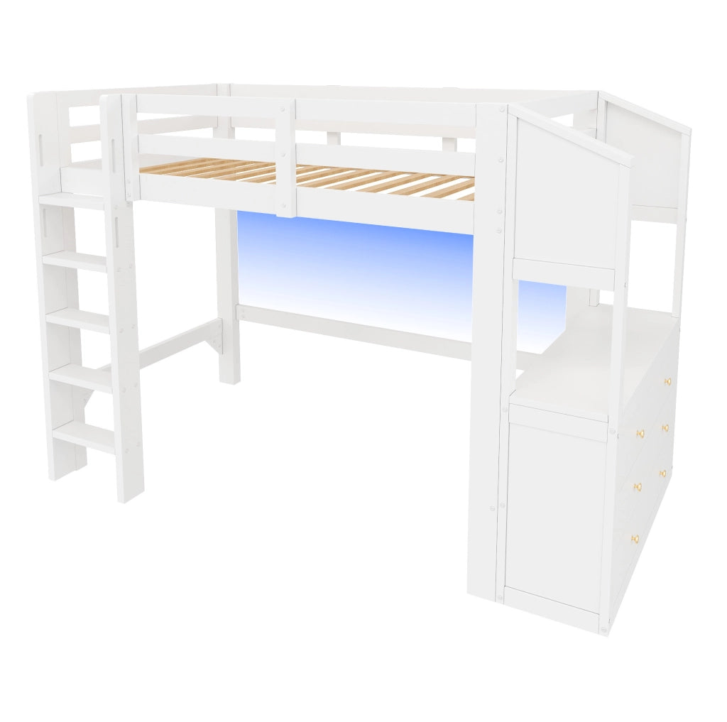 Letto a soppalco 90x200 cm bianco con LED, cassetti e ripiani