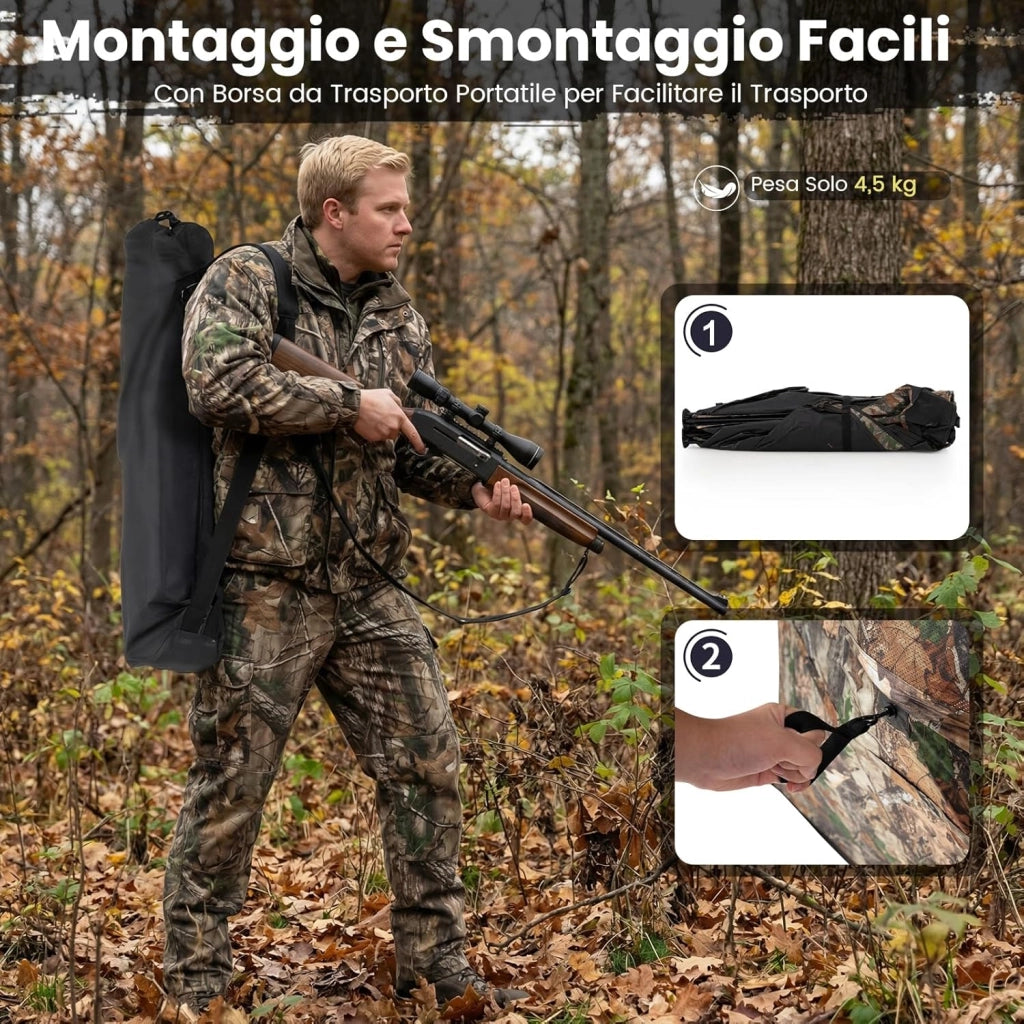 Barriera di Caccia Mimetico a 3 Lati Portatile 360°, Nascondiglio Pop-up 1-3 Persone con Porta per Cani, Tessuto Oxford con Borsa Trasporto, per Fotografia Naturale e Caccia