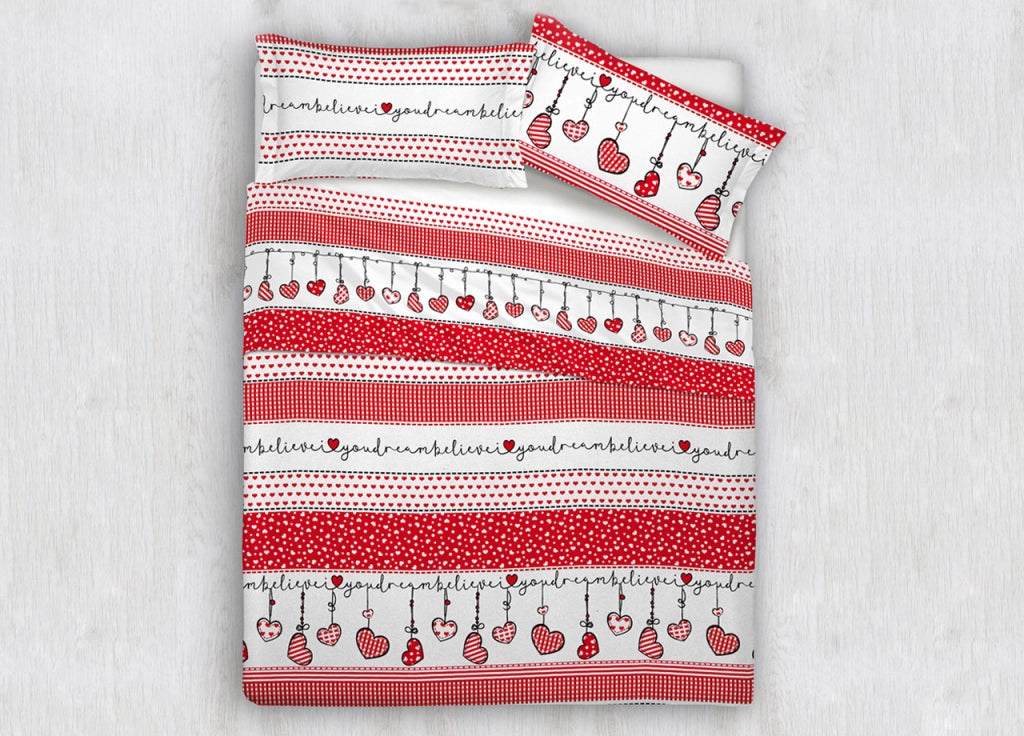 Completo Lenzuola In 100% Cotone Disegni Natalizi Invernali Renne Cuori OB - Piazza E Mezza - Dream Rosso