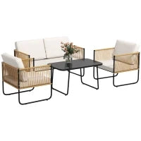 Set da Giardino 4 Pezzi in Rattan e Acciaio con Divanetto, 2 Poltrone da Esterno e Tavolino Basso, Multicolore