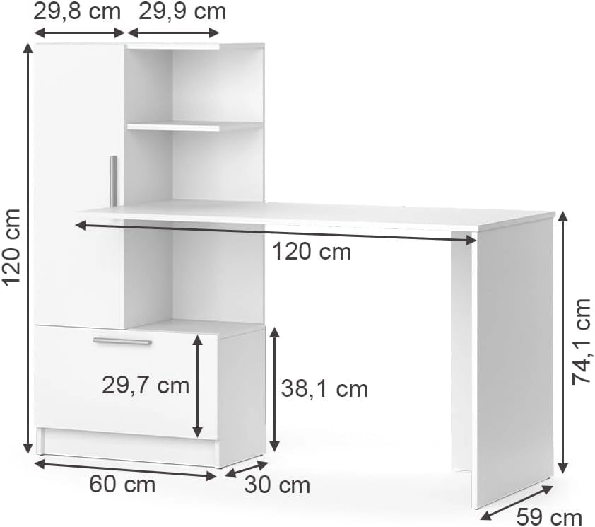 Scrivania con ripiani Tomy, Bianco, 150 x 59 cm, con ripiani aperti per una conservazione organizzata