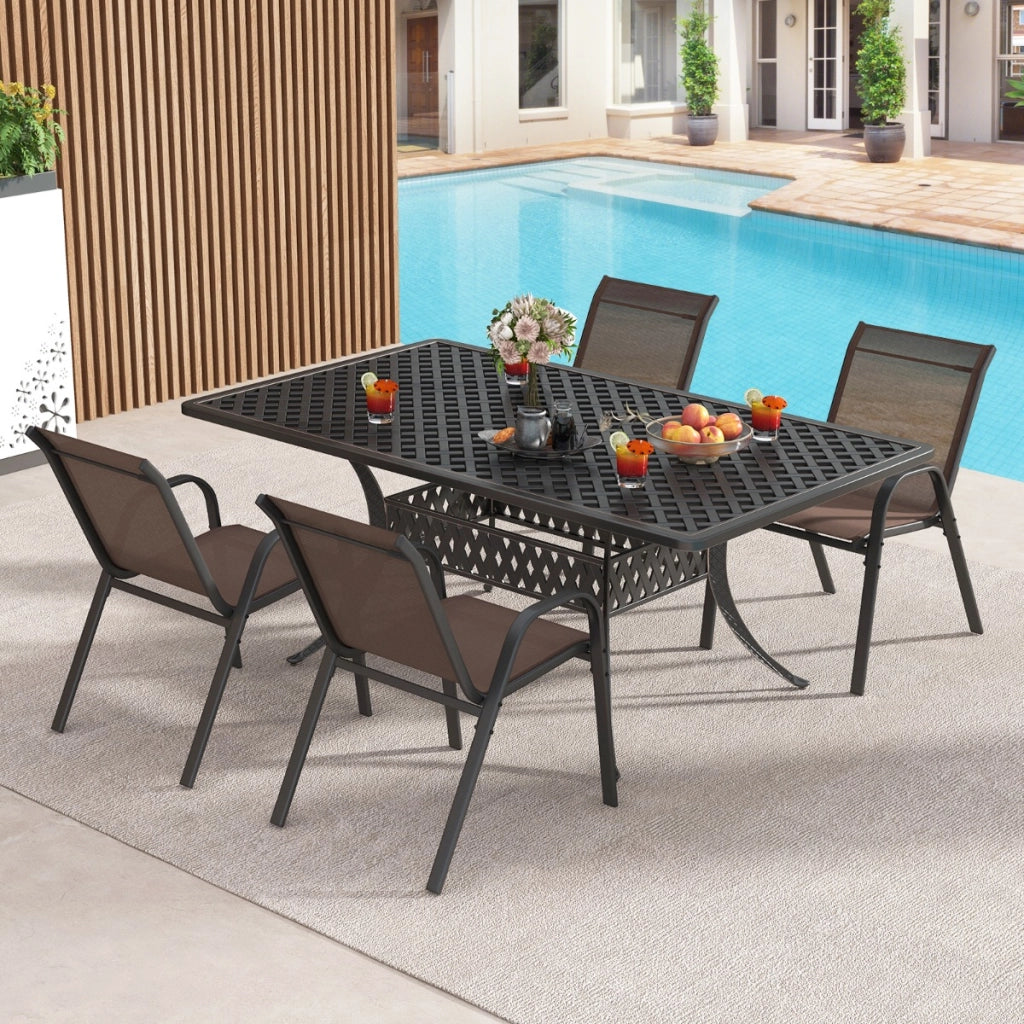 Set di 4 sedie da patio impilabili in metallo con braccioli, Sedie da pranzo in tessuto traspirante Marrone-Sedie da esterno