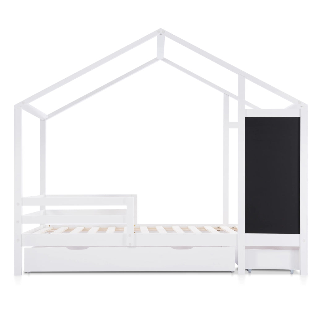 Letto casa per bambini 90x200 cm in legno massiccio con lavagna, 2 cassetti e sponde, bianco