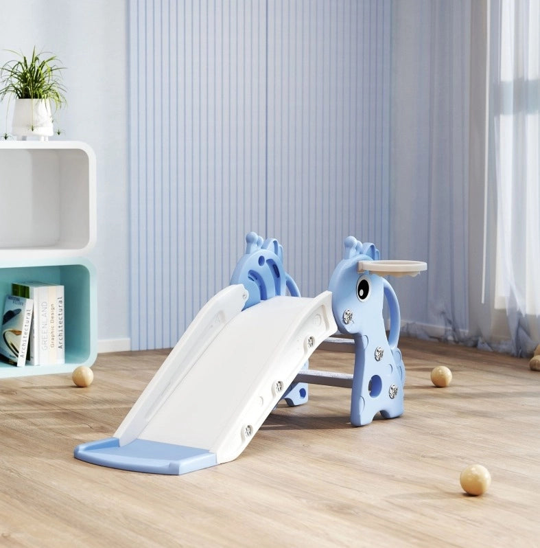 Scivolo per bambini a giraffa con canestro e palla blu