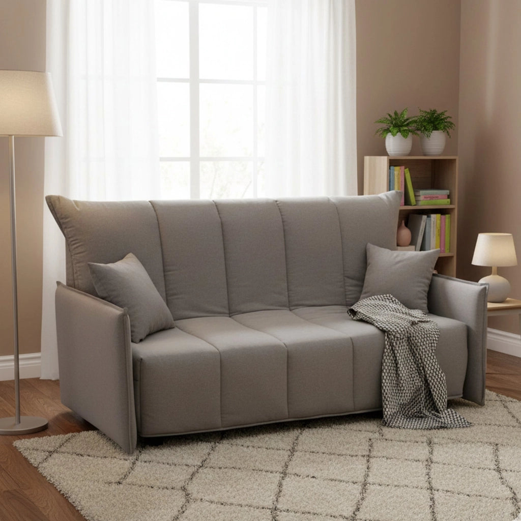 Divano Letto Ariska, Divano a 2 posti, Made in Italy, SofÒ  Soggiorno con apertura a carrello con apertura a carrello, in tessuto imbottito, con cuscini inclusi, cm 125x90h85, colore Grigio