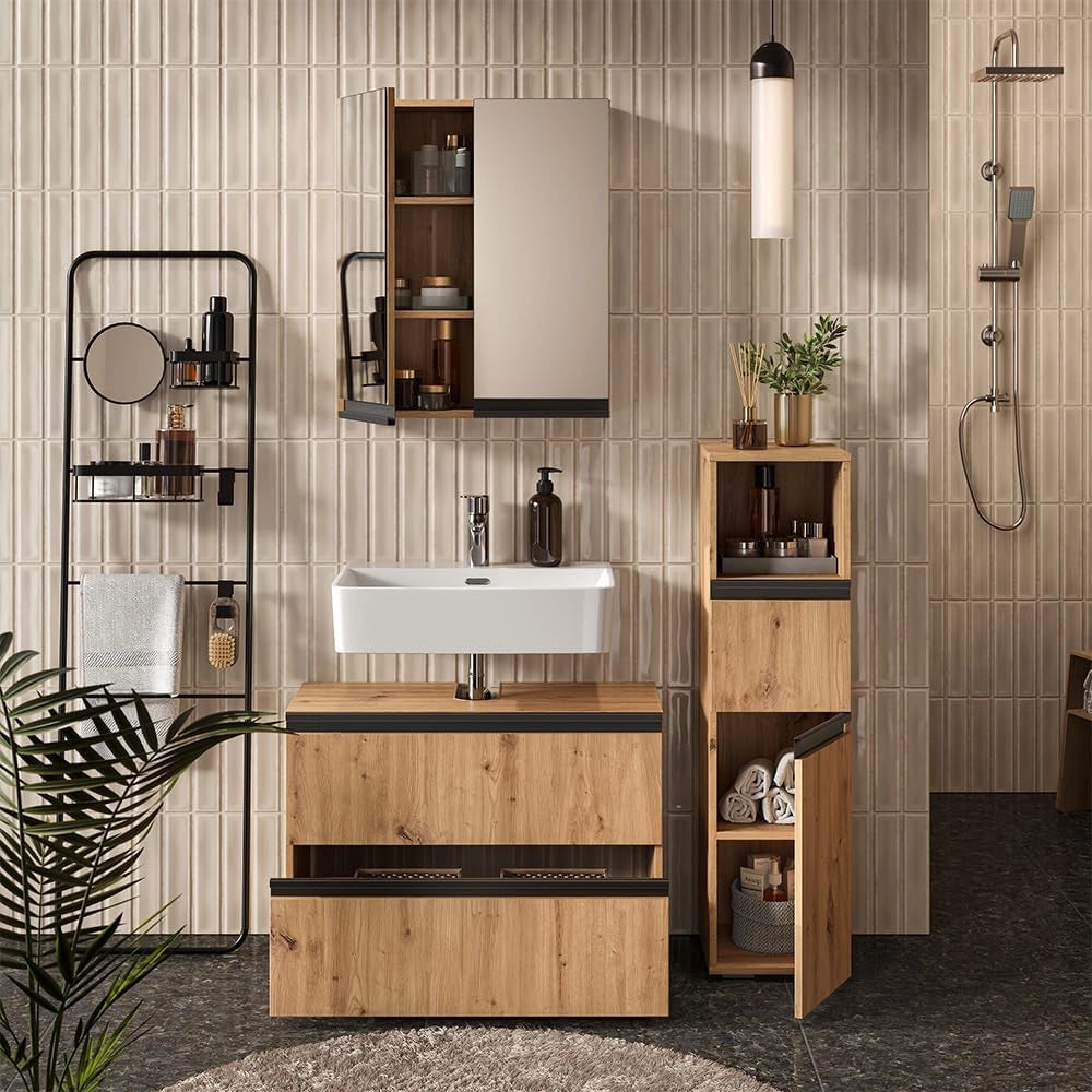 Set di mobili da bagno Torren, Artigiano, 80 cm, composto da mobile sottolavabo, specchiera e mobile medio