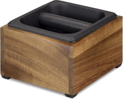 Bottone di espulsione per caffè per macchina per caffè - 18 x 17 x 11 cm - Bottone di espulsione in acacia e acciaio inossidabile - Misto marrone/nero con parole chiave "barista" e "accessorio per caffè