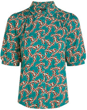 Blusa per Donna con Disegno Grafico - Collo a Cappuccio - Cuffie Corte - Chiusura a Bottone - Maglia di Alta Qualità