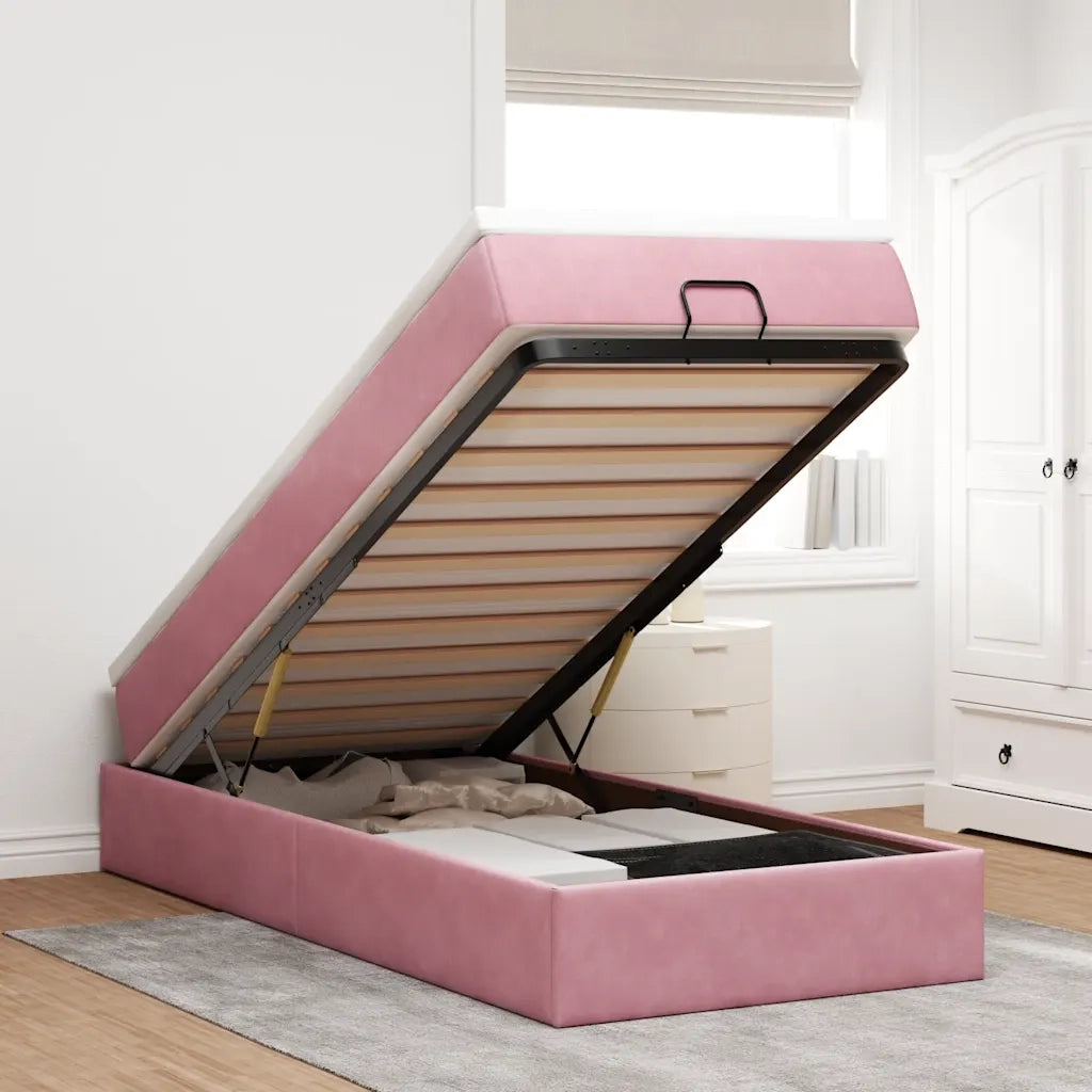 Struttura Letto Pouf con Materasso Rosa 90x200 cm in Velluto