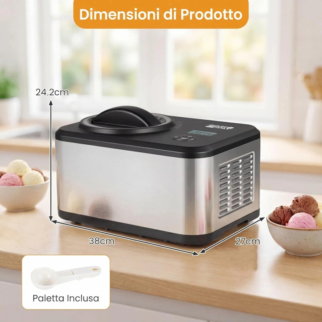 Gelatiera con Compressore 1,5 L, Macchina del Gelato con 4 Modalità, Display LED, Timer 24 Ore e Ciotola Rimovibile, Gelatiera Autorefrigerante in Acciaio Inox per Gelato, Yogurt e Sorbetto