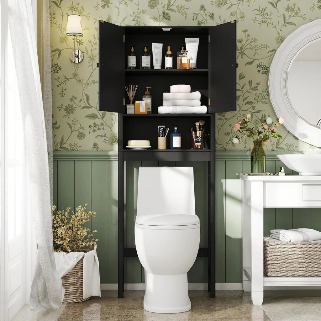 Mensola WC con ripiani regolabili, armadietto WC con 2 ante e ripiano aperto, 60 × 23 × 168 cm, salvaspazio per bagno e lavanderia (nero)