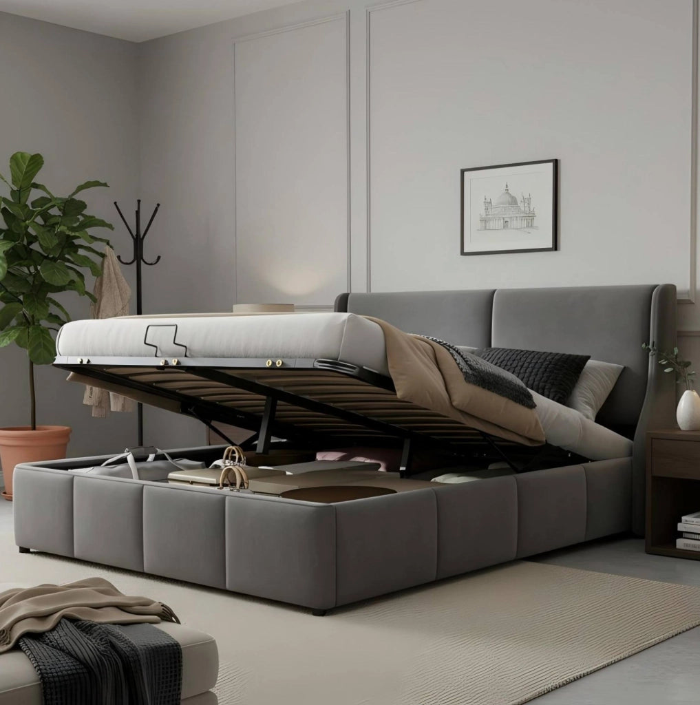 Letto contenitore matrimoniale 160x200 in velluto grigio con testiera imbottita